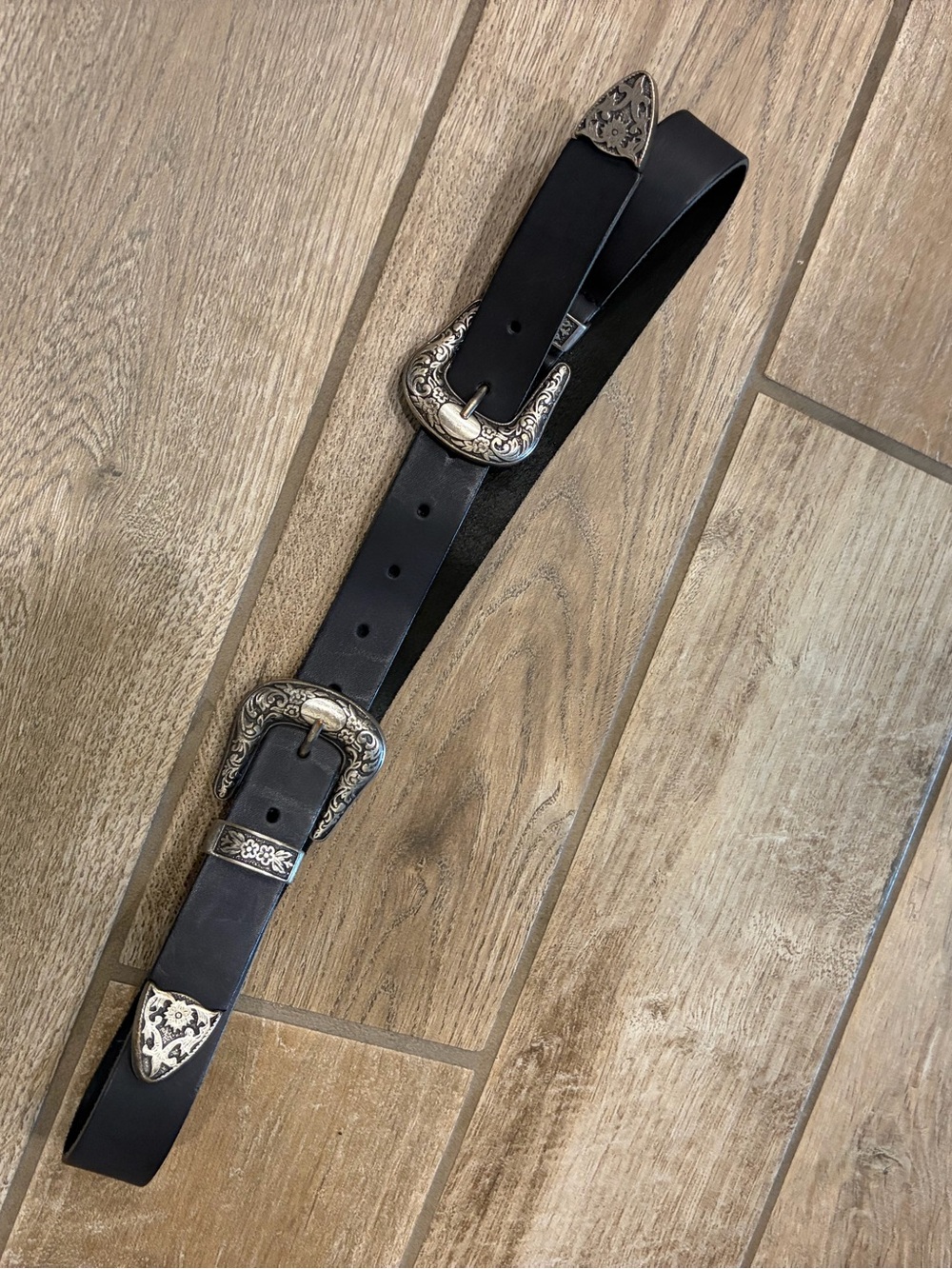 western double buckle belt black leather women’s S/M